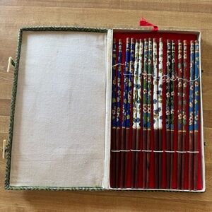 Vintage Chinese Cloisonne Enamel Inlay and Wood Chopsticks w/ case set of 8